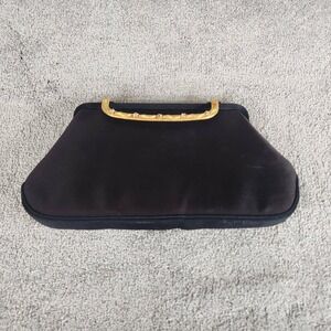 Vintage Clutch Black Satin Gold Rhinestone Handle Evening Bag Women